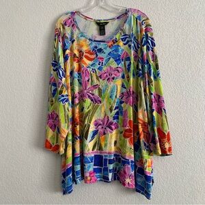 Ali Miles Top Womens 3X Rhinestone Artsy Art To Wear Floral Abstract Print Tunic